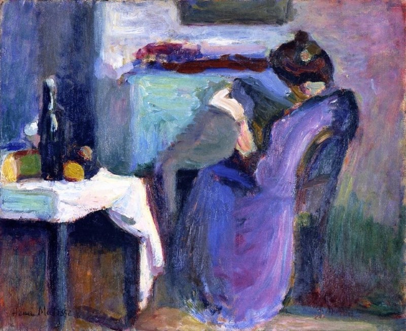 Peinture sur toile, reproduction de Henri Matisse, Reading Woman In Violet Dress 1898 qualité musée