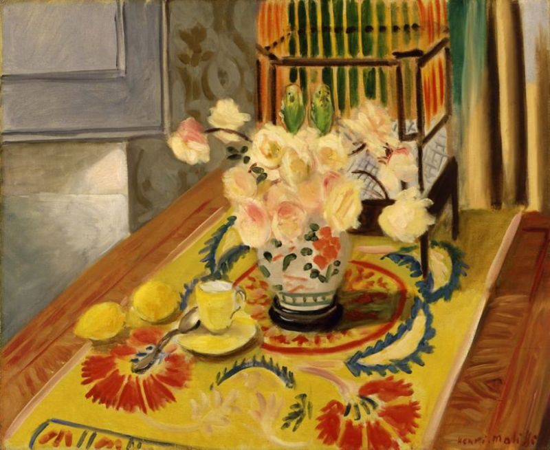 Peinture sur toile, reproduction de Henri Matisse Yellow Roses With Cage Of Parakeets 1924 qualité musée