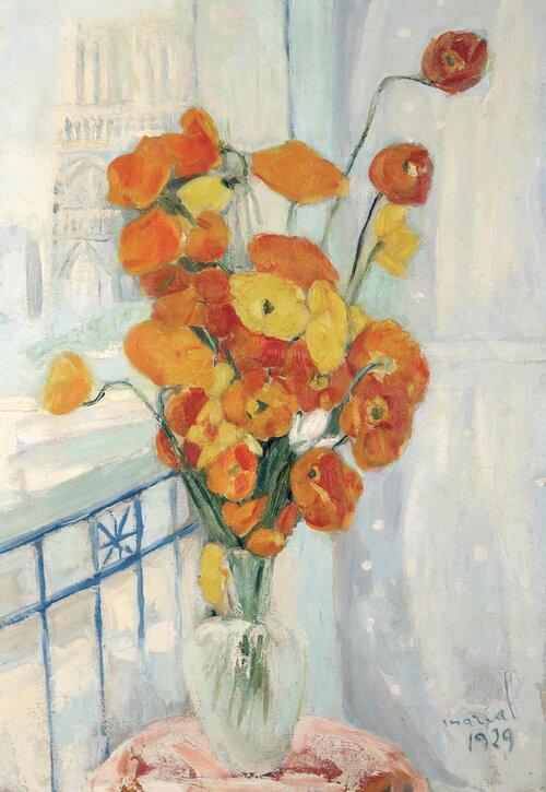 Peinture sur toile, reproduction de Jacqueline Marval, Bouquet de pavots devant Notre-Dame, 1929 qualité musée