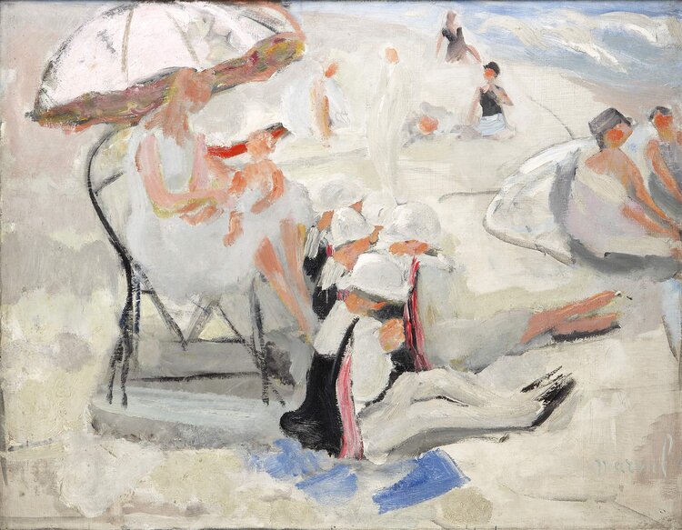 Peinture sur toile, reproduction de Jacqueline Marval, Sur la Plage, Mère et Enfant qualité musée