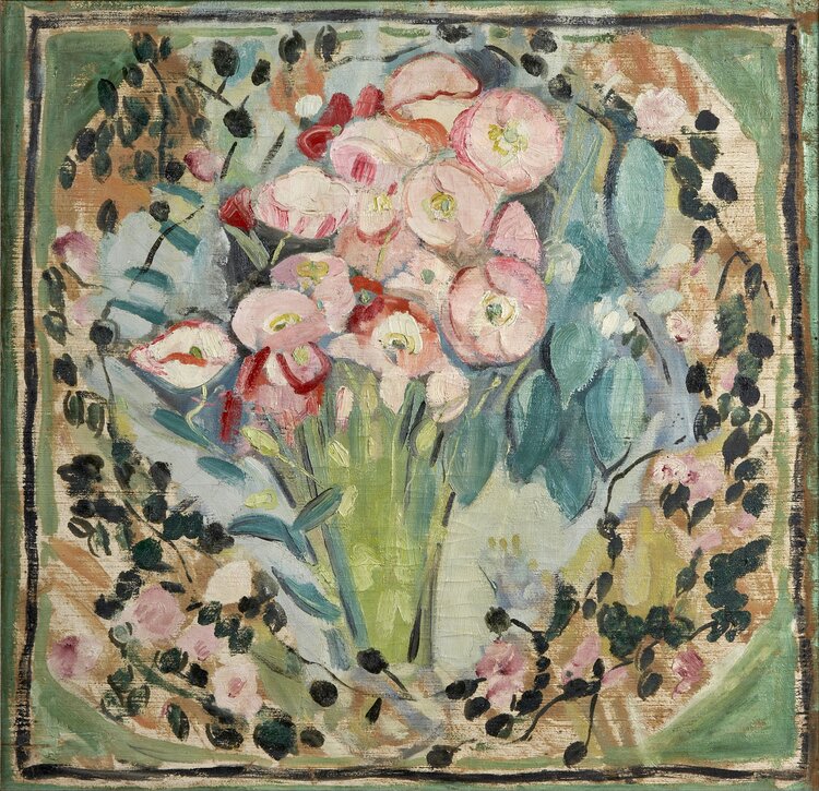 Peinture sur toile, reproduction de Jacqueline Marval, Vase de Roses, projet pour un foulard qualité musée