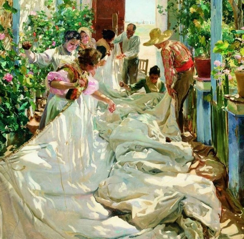 Peinture sur toile, reproduction de Joaquín Sorolla, Sewing the Sail, 1896 qualité musée