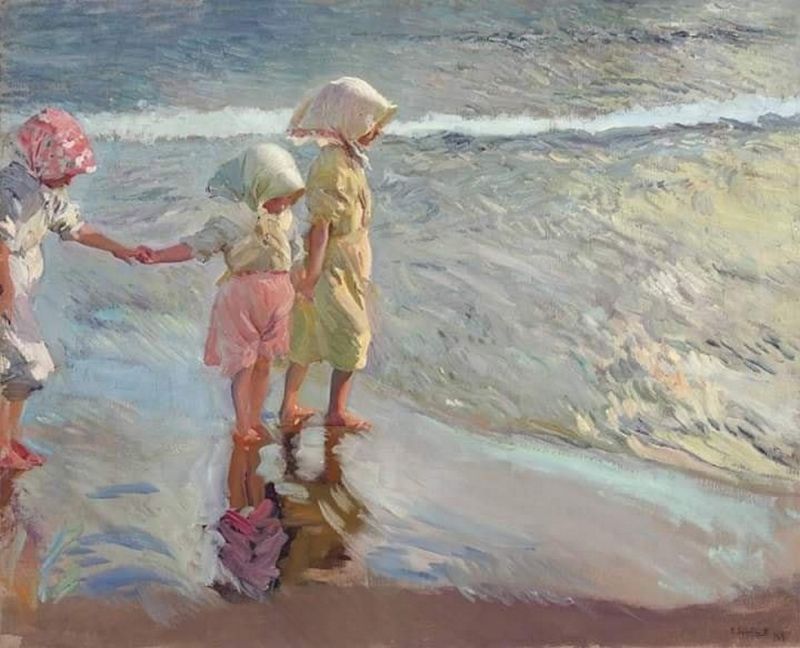 Peinture sur toile, reproduction de Joaquin Sorolla, Las Tres Hermanas En La Playa, 1908 qualité musée