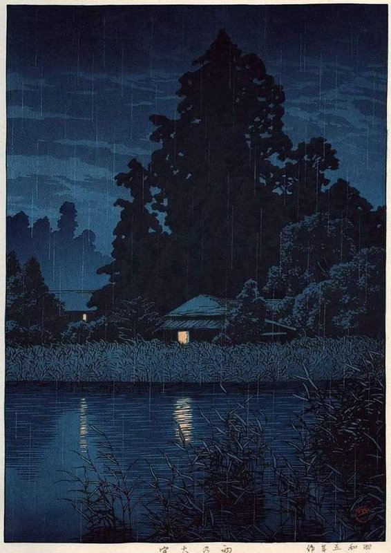 Peinture sur toile, reproduction de Kawase Hasui Nocturnal With Rain In Omiya 1930 qualité musée