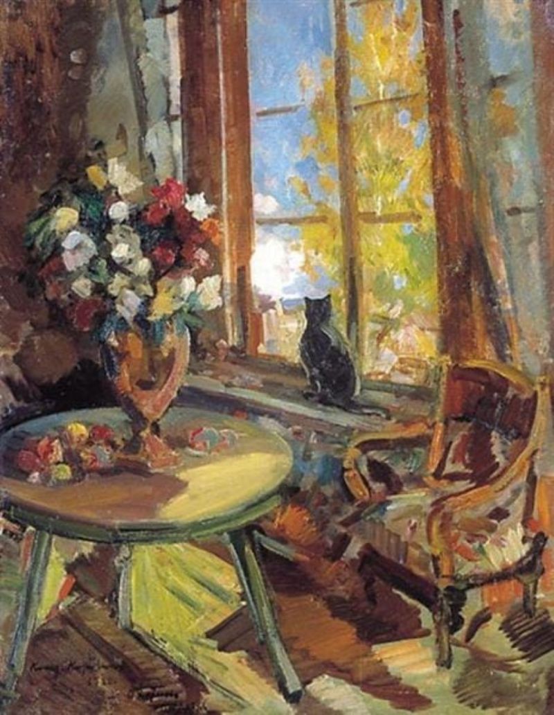 Peinture sur toile, reproduction de Konstantin Korovin, Black Cat On A Windowsill 1902 qualité musée