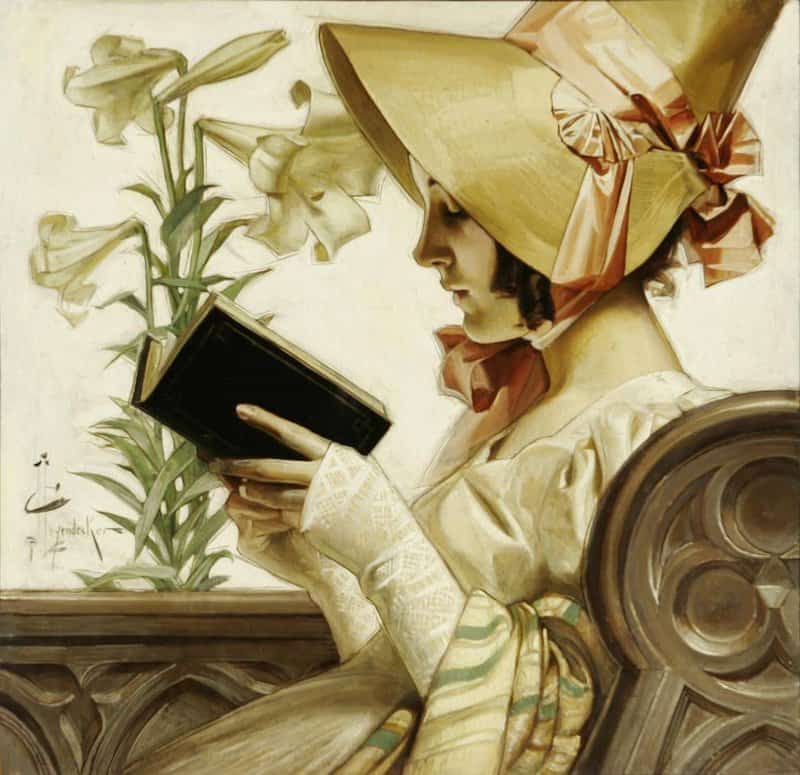 Peinture sur toile, reproduction de Leyendecker Joseph Christian Bonneted Lady In Church 1905 qualité musée