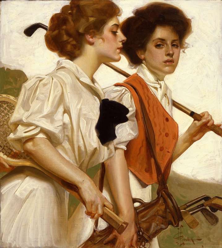 Peinture sur toile, reproduction de Leyendecker Joseph Christian Gibson Girls With Golf Clubs And Tennis Racquet Ca. 1920 qualité musée