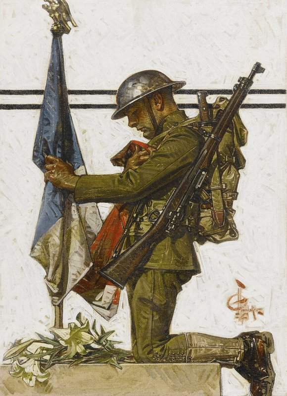 Peinture sur toile, reproduction de Leyendecker Joseph Christian Soldier Kneeling At French Memorial 1918 qualité musée