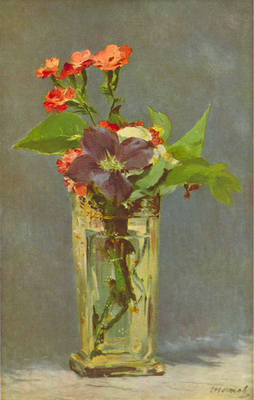 Peinture sur toile, reproduction de Manet, Oiellets Et Clematites Dans Un Vase De Cristal qualité musée