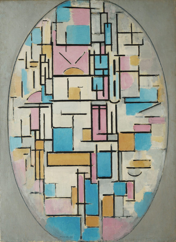 Peinture sur toile, reproduction de Mondrian, Composition En Ovale Avec Des Champs De Couleurs qualité musée