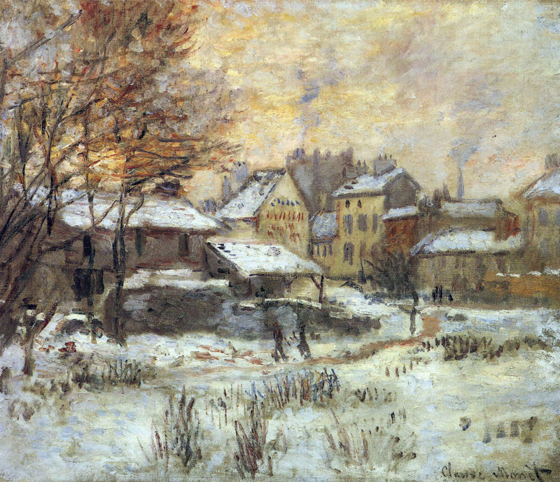 Peinture sur toile, reproduction de Monet Argenteuil Sous La Neige Au Coucher Du Soleil qualité musée