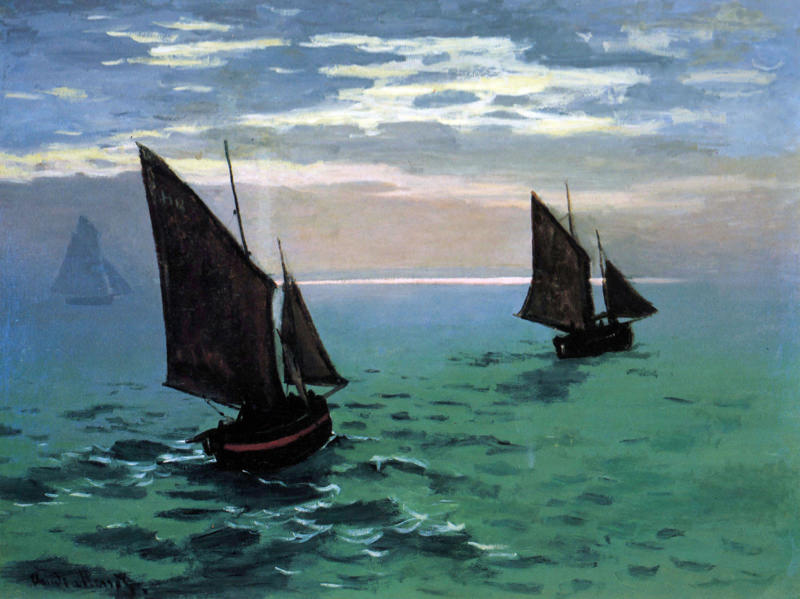 Peinture sur toile, reproduction de Monet Les Bateaux De Peche Quittant Le Port De Laval qualité musée