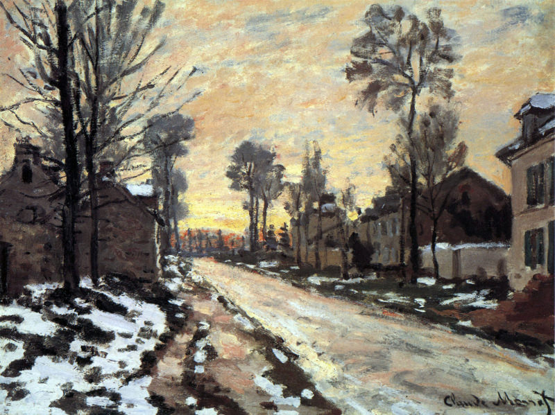 Peinture sur toile, reproduction de Monet Route Vers Louveciennes Neige Fondant Enfant Coucher De Soleil qualité musée