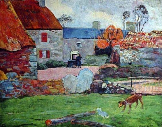 Peinture sur toile, reproduction de Paul Gauguin A Blue Roof Farm In Pouldu 1890 qualité musée