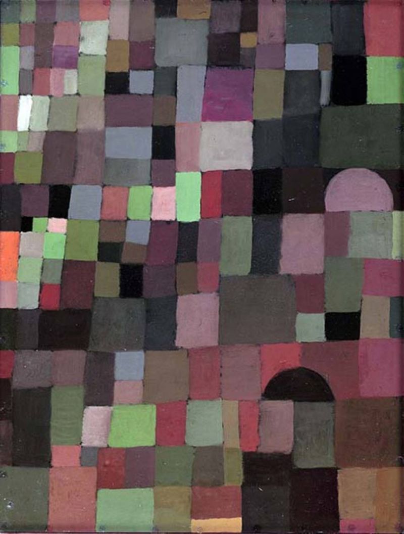 Peinture sur toile, reproduction de Paul Klee, Stadtbild Rot Grün Gestuft Mit Der Roten Kuppel - 1923 qualité musée