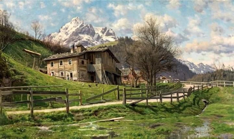 Peinture sur toile, reproduction de Peder Mørk Mønsted, Landscape with Farm in Werfen, 1899 qualité musée