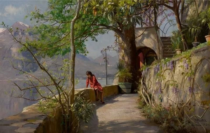 Peinture sur toile, reproduction de Peder Mork Mønsted, Summer in Varenna, Italy, 1921 qualité musée