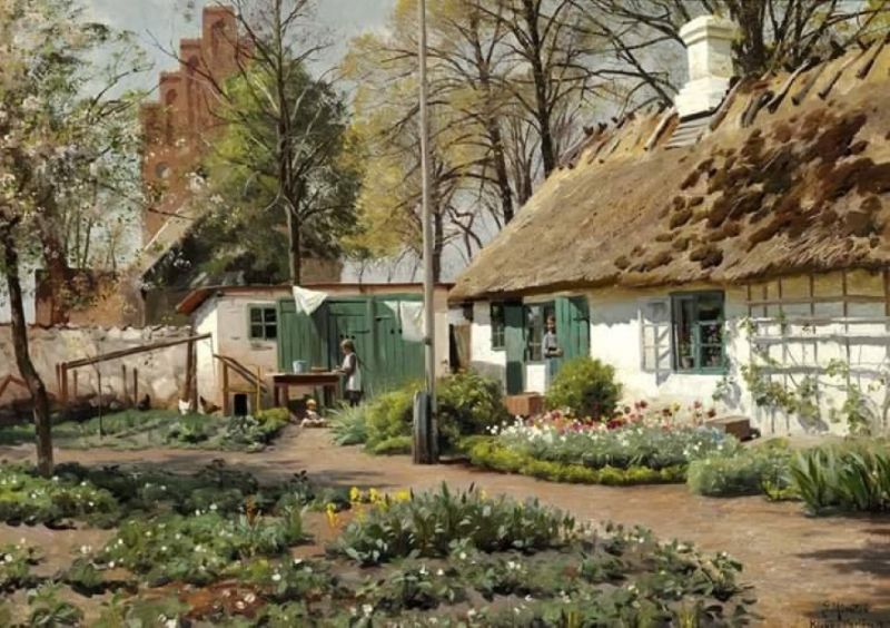 Peinture sur toile, reproduction de Peder Mork Monsted An Early Spring Day At A Thatched Farm In The Village Kirke V Rlose 1917 qualité musée