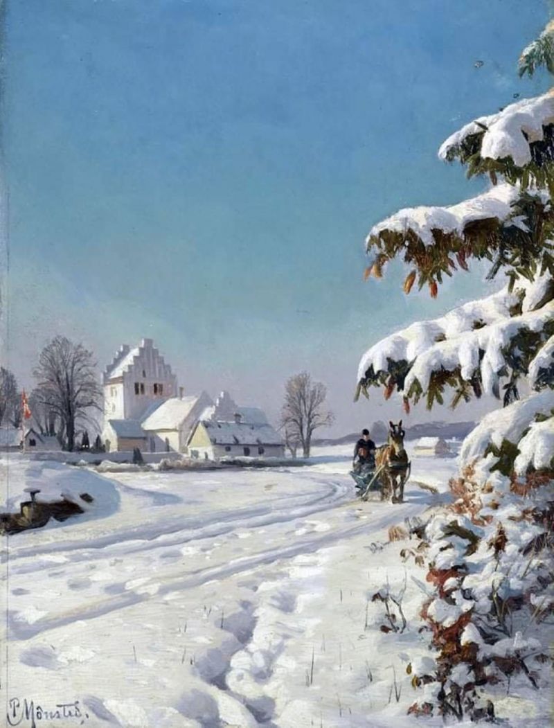 Peinture sur toile, reproduction de Peder Mork Monsted In A Snowy Landscape qualité musée