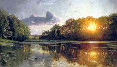 Peder Mork Monsted Sunset Over A Forest Lake