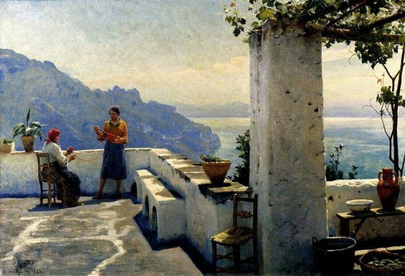 Peinture sur toile, reproduction de Peder Mork Monsted Terrace In Ravello Ca. 1930 qualité musée