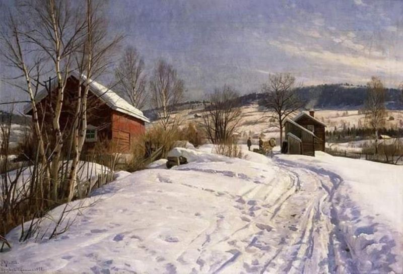 Peinture sur toile, reproduction de Peder Mork Monsted Winter Landscape Lillehammer 1922 qualité musée