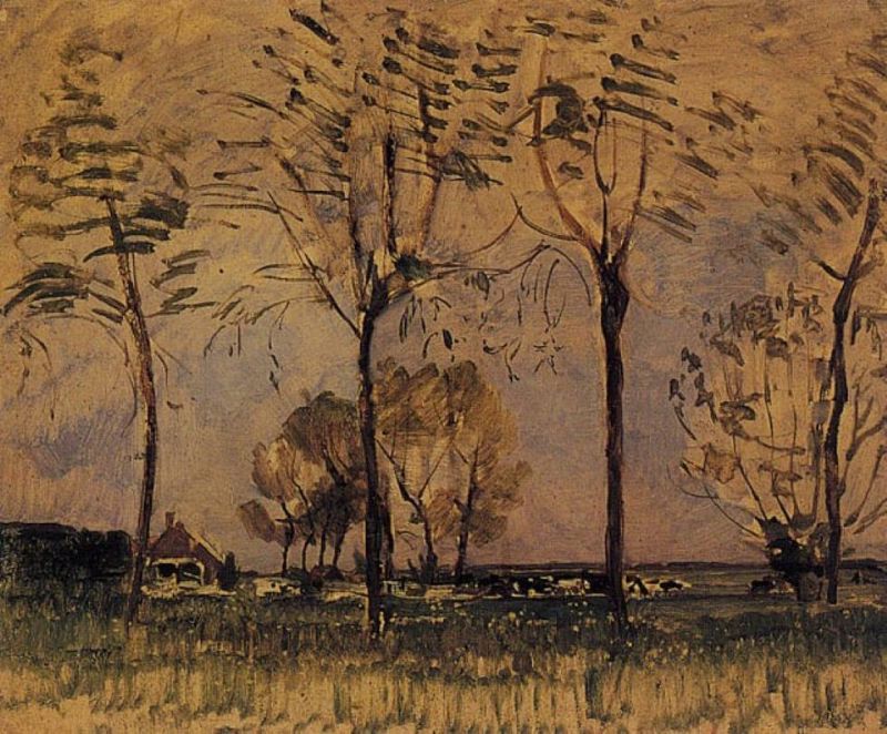 Peinture sur toile, reproduction de Piet Mondrian Farm Setting Four Tall Trees In The Foreground C. 1907 qualité musée