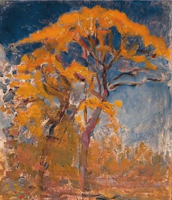 Peinture sur toile, reproduction de Piet Mondrian,Two trees with orange foliage against blue sky, 1908 qualité musée