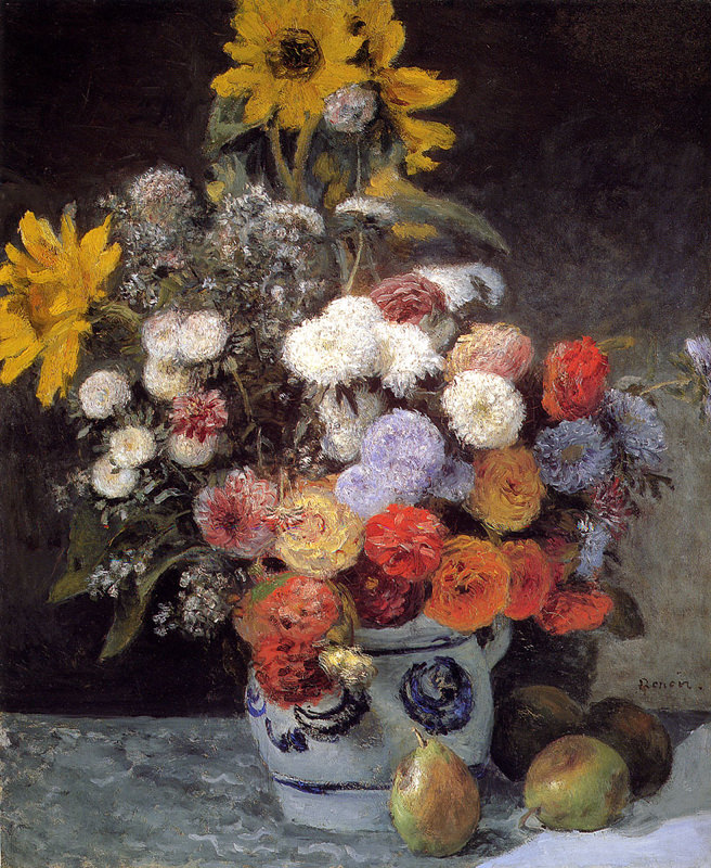 Peinture sur toile, reproduction de Renoir, Composition florale dans un pot en terre qualité musée