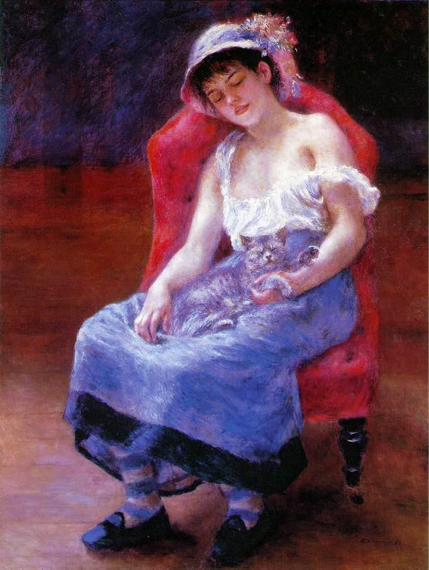 Peinture sur toile, reproduction de Renoir, Fille endormie - Fille avec un chat qualité musée
