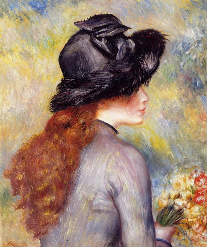 Peinture sur toile, reproduction de Renoir, Jeune femme tenant un bouquet de tulipes qualité musée