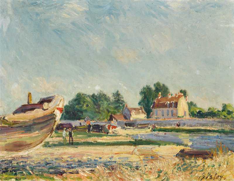 Peinture sur toile, reproduction de Sisley Alfred Bateaux En Reparation A Saint-mammes Canal Du Loing Ca. 1885 qualité musée