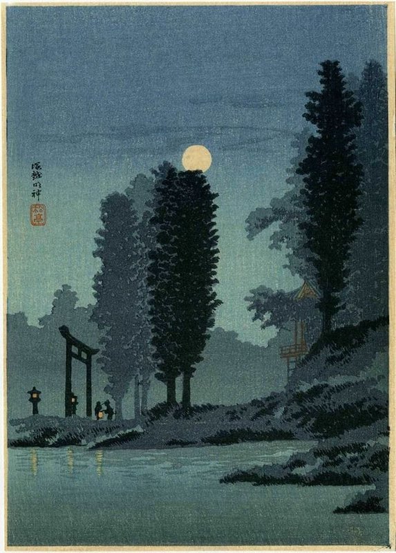 Peinture sur toile, reproduction de Takahashi Shotei Moonrise At Tsukagoshi Myojin Shrine 1936 qualité musée