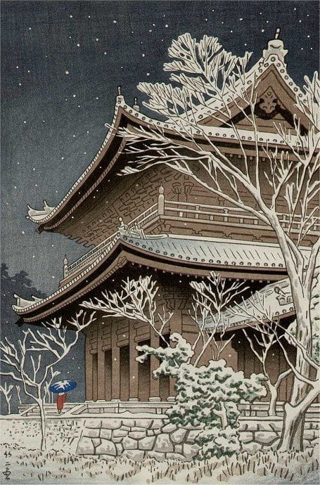 Peinture sur toile, reproduction de Takeji Asano Snow At Chioin Temple Kyoto 1953 qualité musée