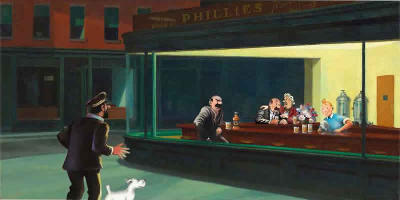 Peinture sur toile, reproduction de Tintin Hopper Nighthawks Oiseaux De Nuit - Le Capitaine Haddock Et Les Duponts Par Xavier Marabout qualité musée