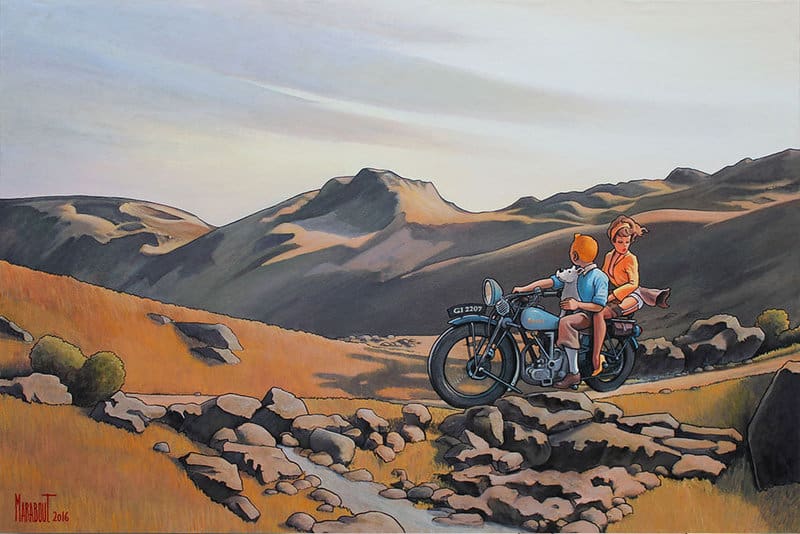 Peinture sur toile, reproduction de Tintin Hopper On The Motorcycle Par Xavier Marabout qualité musée