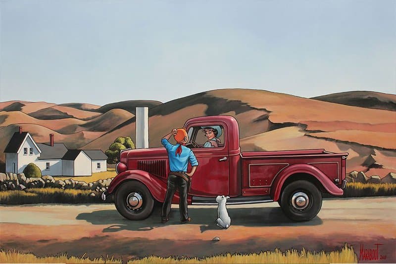 Peinture sur toile, reproduction de Tintin Hopper Rencontre Sur Great Hill Road Par Xavier Marabout qualité musée