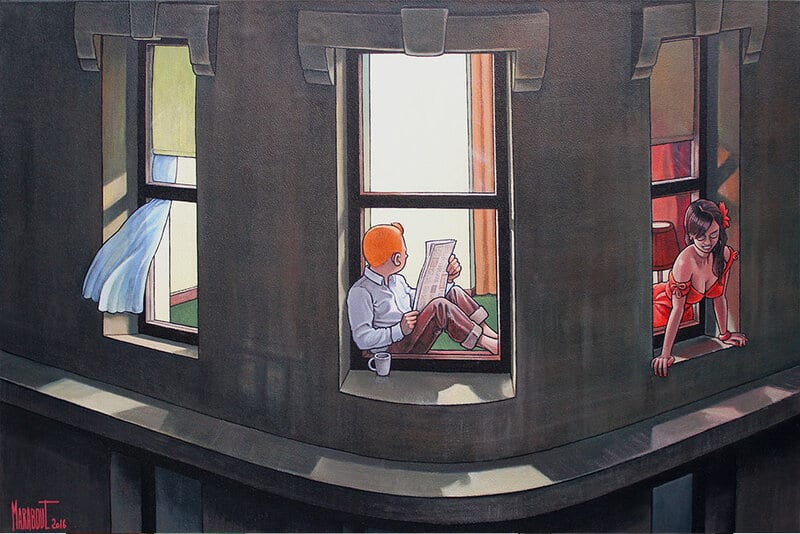 Peinture sur toile, reproduction de Tintin Hopper Un Soir A La Fenetre Par Xavier Marabout qualité musée