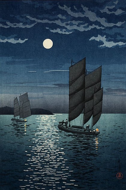 Peinture sur toile, reproduction de Tsuchiya Koitsu Boats At Shinagawa Tokyo Bay C.1935 qualité musée