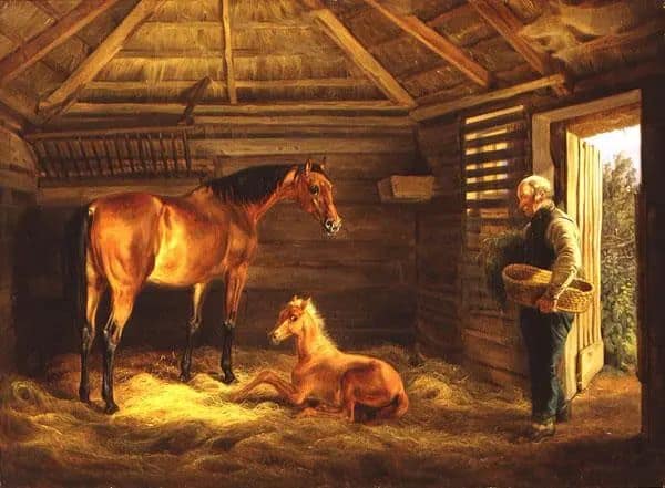 Peinture sur toile, reproduction de Une Jument Anglaise Et Son Poulain Par Albrecht Adam qualité musée