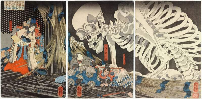 Peinture sur toile, reproduction de Utagawa Kuniyoshi Triptych Depicting Takiyasha Who Summons The Giant Skeleton To Attack Mitsukuni qualité musée