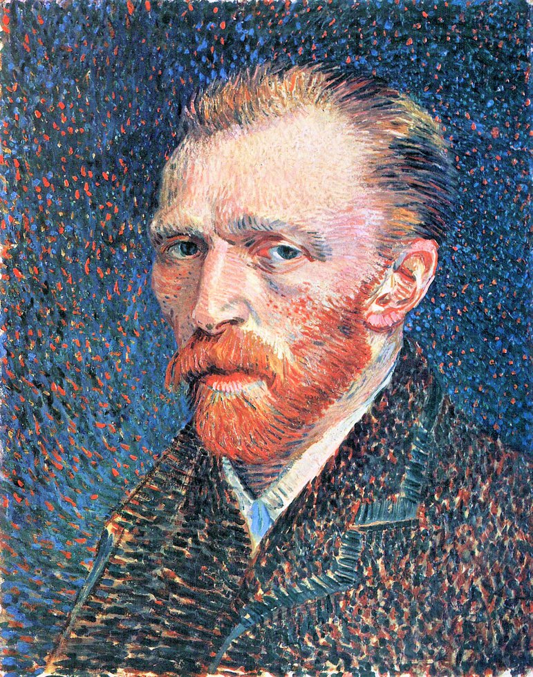 Peinture sur toile, reproduction de Van Gogh, Autoportrait de droite avec fond pointillé qualité musée