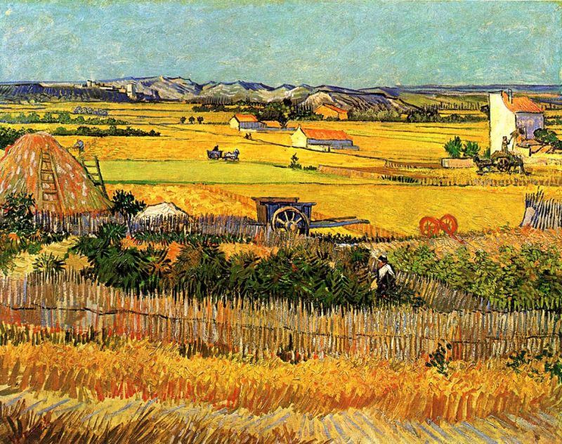 Peinture sur toile, reproduction de Van Gogh, Récoltes à La Crau avec Montmajour en fond qualité musée