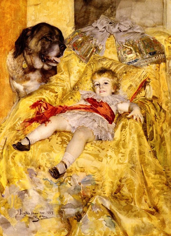 Peinture sur toile, reproduction de Zorn Anders A Portrait Of Christian De Falbe With A Saint Bernard At Luton Hoo 1884 qualité musée
