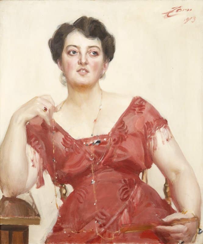 Peinture sur toile, reproduction de Zorn Anders Elegant Lady In Shiny Cream Red Silk Dress - Mrs. Dagny Pineus qualité musée