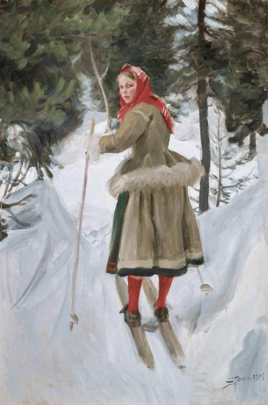 Peinture sur toile, reproduction de Zorn Anders Girl From Mora Skiing 1915 qualité musée